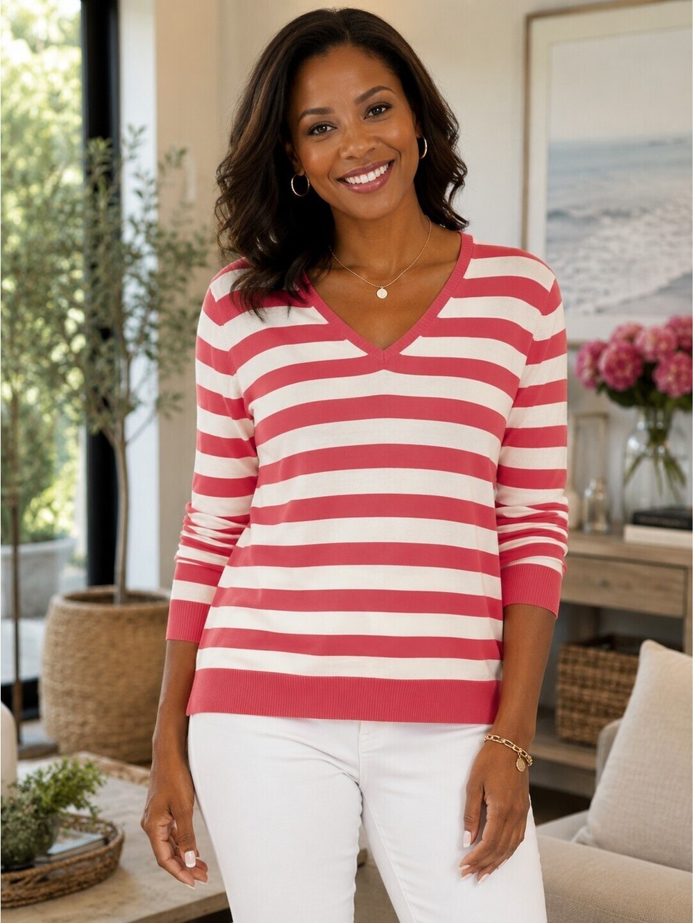Lands' End Women's Lg. Pink/White Striped V-Neck Knit Sweater Soft Classic Chic